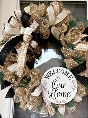 Welcome to Our Home Burlap Holiday Wreath - Neutral Gold & Black